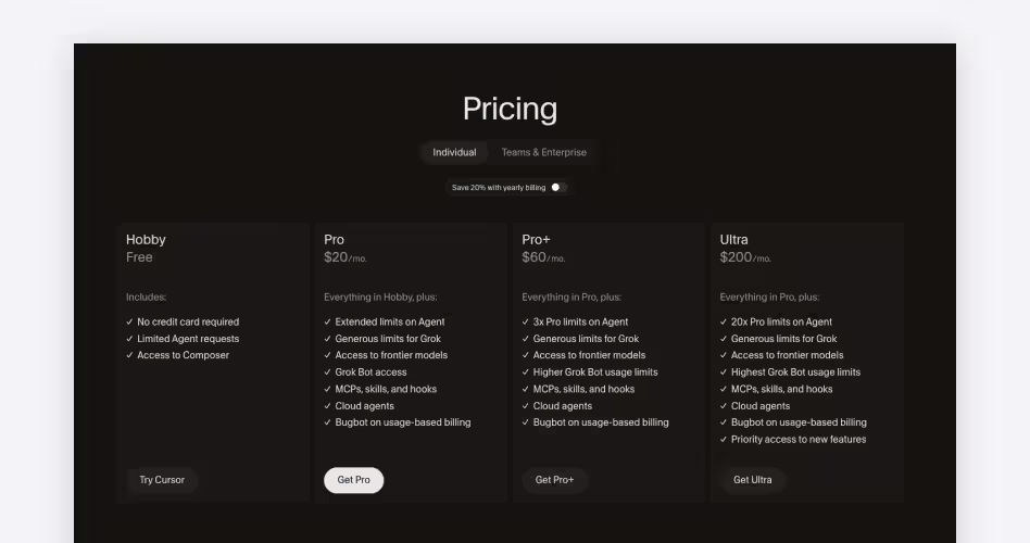 Cursor pricing plans: free Hobby tier, Pro at $20/month, Pro+ at $60/month, and Ultra at $200/month