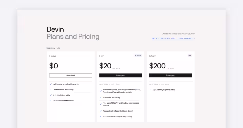 Devin AI pricing plans: Free, Pro at $20/month, and Max at $200/month for autonomous coding agents