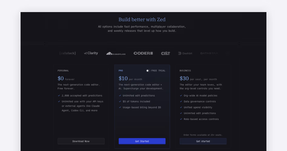 Zed AI pricing plans: free Personal tier, Pro at $10/month, and Business at $30/user/month