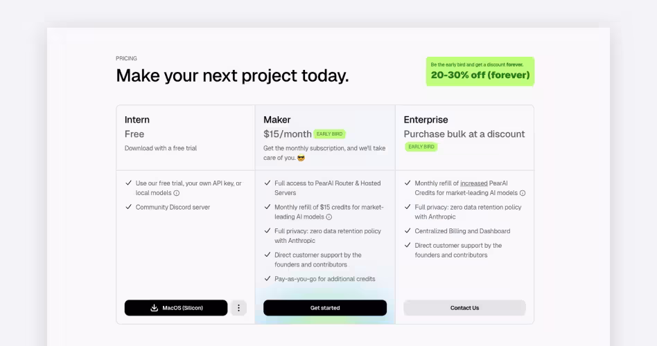PearAI pricing plans: free Intern tier, Maker at $15/month, and bulk Enterprise pricing for AI coding