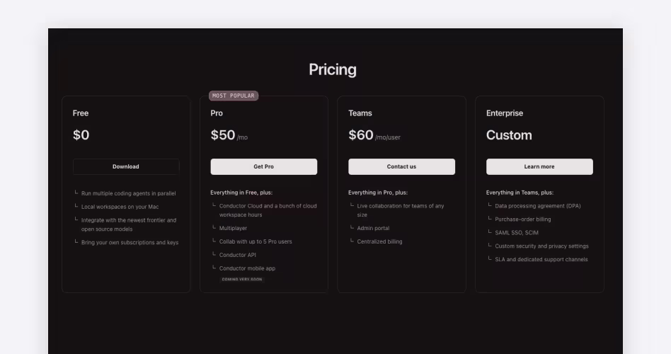 Conductor pricing plans: Free, Pro at $50/month, Teams at $60/user, and custom Enterprise for managing coding agents