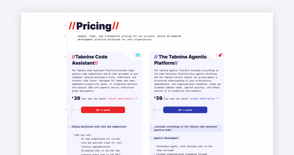 Tabnine pricing plans: Code Assistant at $39/user/month and Agentic Platform at $59/user/month