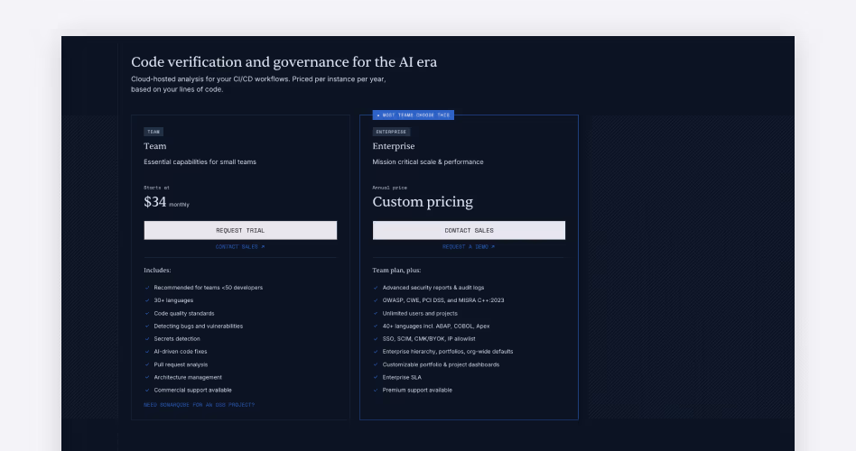 SonarQube pricing plans: Free, Team starting at $34/month, and custom Enterprise for code verification