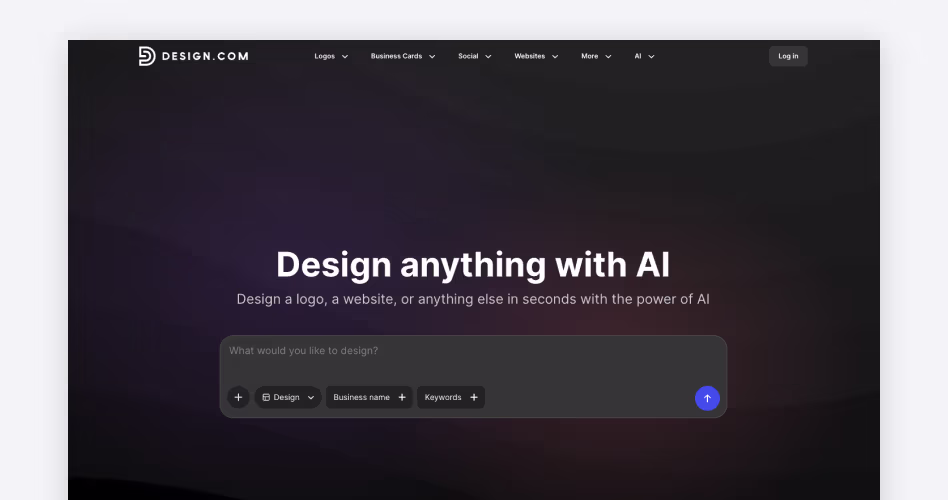 Design.com homepage showing its AI tool for generating logos, business cards, and websites in seconds, featured in Orbix Studio's best logo design companies guide