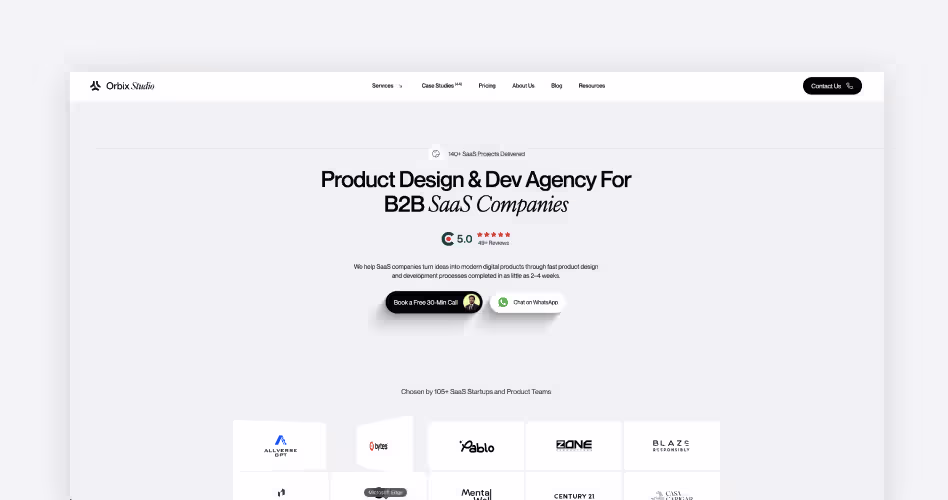 Orbix Studio homepage, a B2B brand design agency for SaaS and tech companies rated 5.0 across 49 Clutch reviews, featured in the 12 best B2B branding companies guide