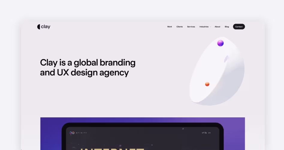 Clay homepage, a San Francisco design agency combining brand identity with product design for clients like Slack, Stripe, and Coinbase, featured in the 12 best B2B branding companies guide