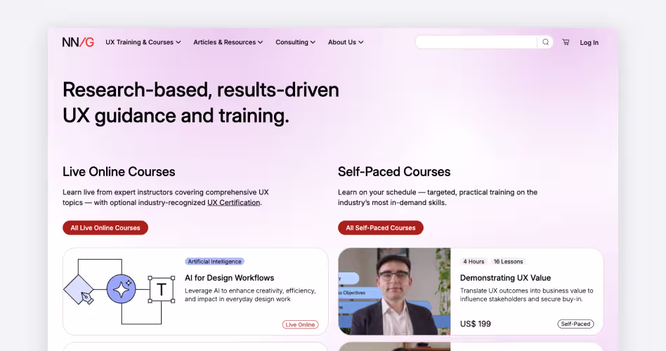 Nielsen Norman Group homepage, the research, training, and consulting firm behind Jakob Nielsen's usability heuristics, featured in the top usability testing agencies guide