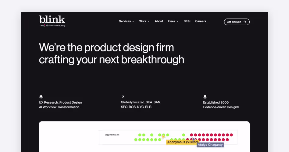 Blink homepage, a product design firm since 2000 pairing usability testing and research with design for global clients, featured in the top usability testing agencies guide