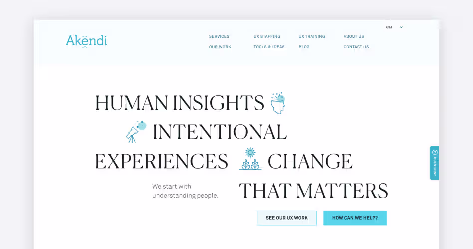 Akendi homepage, a Toronto UX agency running structured usability studies with root-cause analysis and workshop readouts, featured in the top usability testing agencies guide