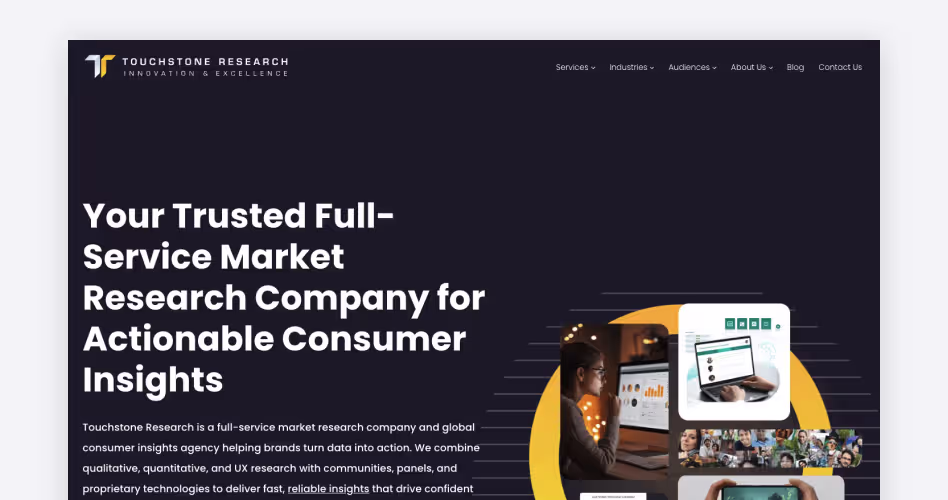 Touchstone Research homepage, a full-service market research company delivering usability testing across 60+ international markets, featured in the top usability testing agencies guide