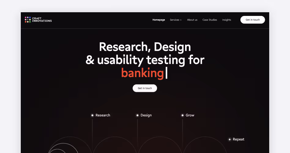 Craft Innovations homepage, a Toronto research agency running usability testing for fintech and banking clients like Mastercard, featured in the top usability testing agencies guide