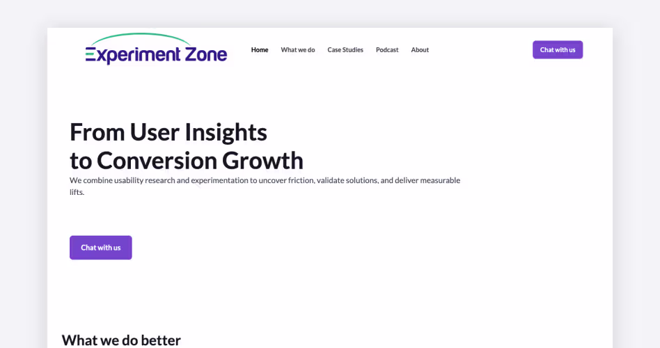 Experiment Zone homepage, a UX research agency combining usability testing with conversion rate optimization for e-commerce and SaaS teams, featured in the top usability testing agencies guide