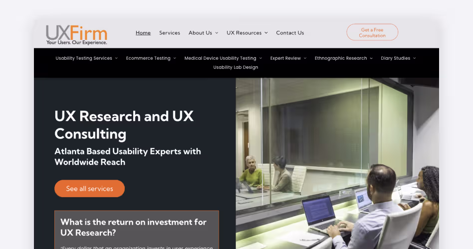 UX Firm homepage, an Atlanta-based boutique research consultancy running senior-led usability studies with worldwide reach, featured in the top usability testing agencies guide