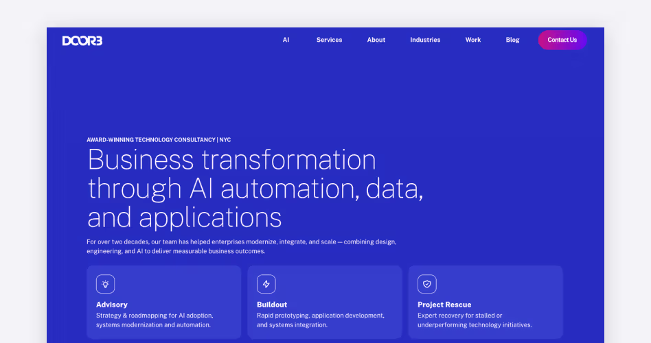 DOOR3 homepage, a New York software development company offering usability and accessibility testing alongside custom development, featured in the top usability testing agencies guide