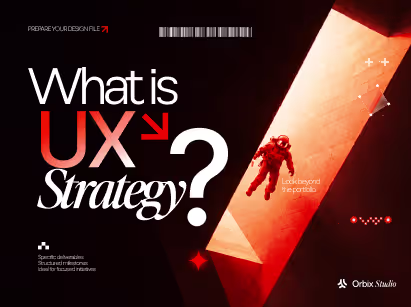 Astronaut floating in a glowing red beam beside the title "What is UX Strategy?" on a dark Orbix Studio cover
