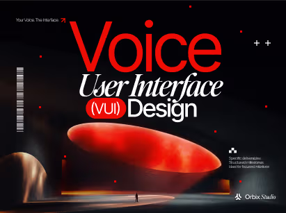 Voice user interface (VUI) design guide with a lone figure beneath a glowing orange oval in a dark hall
