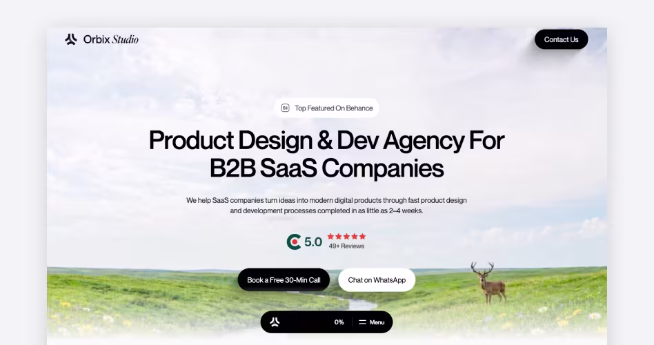 Orbix Studio homepage, a product design and development agency for B2B SaaS companies rated 5.0 across 49+ reviews, featured in the best UX research agencies guide