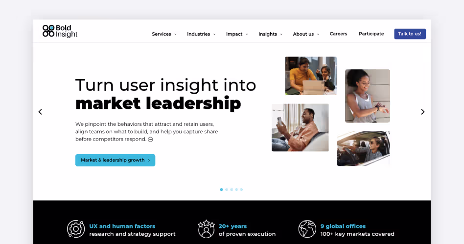 Bold Insight homepage, an employee-owned research firm running human factors and UX studies for healthcare and automotive teams, featured in the best UX research agencies guide