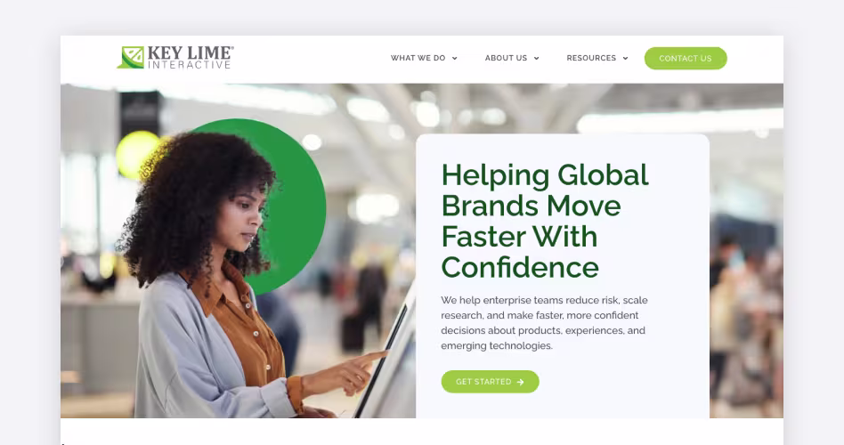 Key Lime Interactive homepage, a Miami-founded research firm combining CX and UX research for Fortune 500 clients like Amazon and Google, featured in the best UX research agencies guide