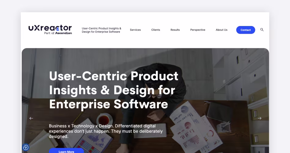 UXReactor homepage, an agency tying UX research directly to business metrics for complex enterprise B2B software, featured in the best UX research agencies guide