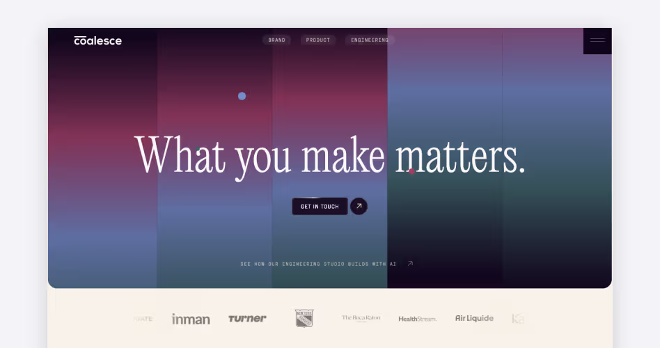 Coalesce homepage, a New York full-stack product studio running UX research, strategy, and build from one team, featured in the best UX research agencies guide