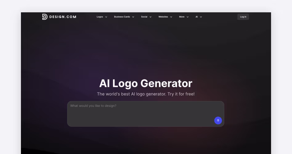 Design.com homepage showing its AI logo generator for creating a logo design from a simple text prompt, featured in the best AI logo generators guide