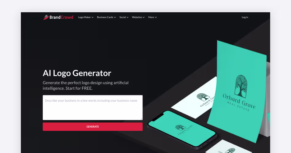 BrandCrowd homepage showing its AI logo generator that creates logo designs from a short business description, featured in the best AI logo generators guide