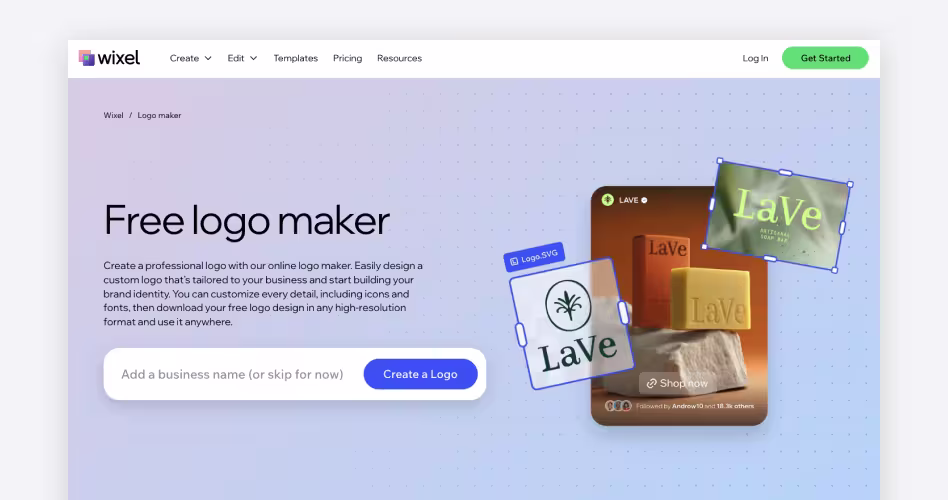 Wixel homepage showing its free logo maker for creating a customizable, business-tailored logo design, featured in the best AI logo generators guide