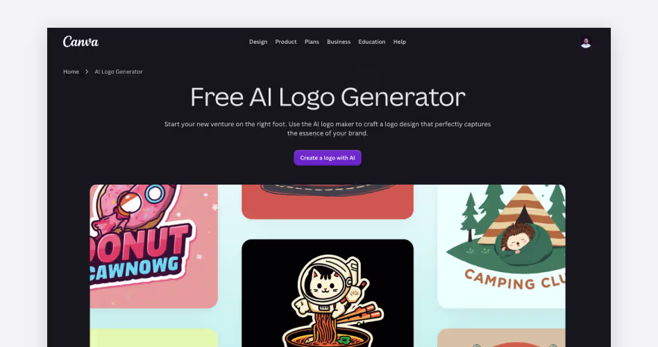 Canva homepage showing its free AI logo generator for crafting brand logos from a simple prompt, featured in the best AI logo generators guide