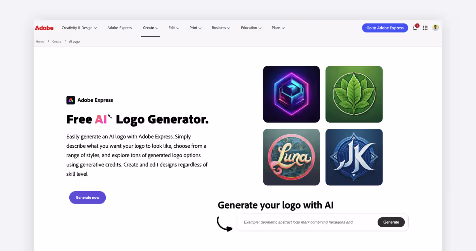 Adobe Express homepage showing its free AI logo generator that creates logo options from a text description, featured in the best AI logo generators guide