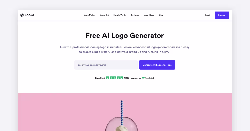 Looka homepage showing its free AI logo generator rated Excellent on Trustpilot with 7,000+ reviews, featured in the best AI logo generators guide