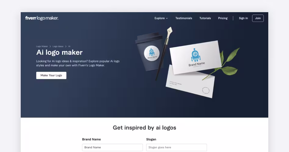 Fiverr Logo Maker homepage showing its AI logo generator with brand name and slogan inputs, featured in the best AI logo generators guide