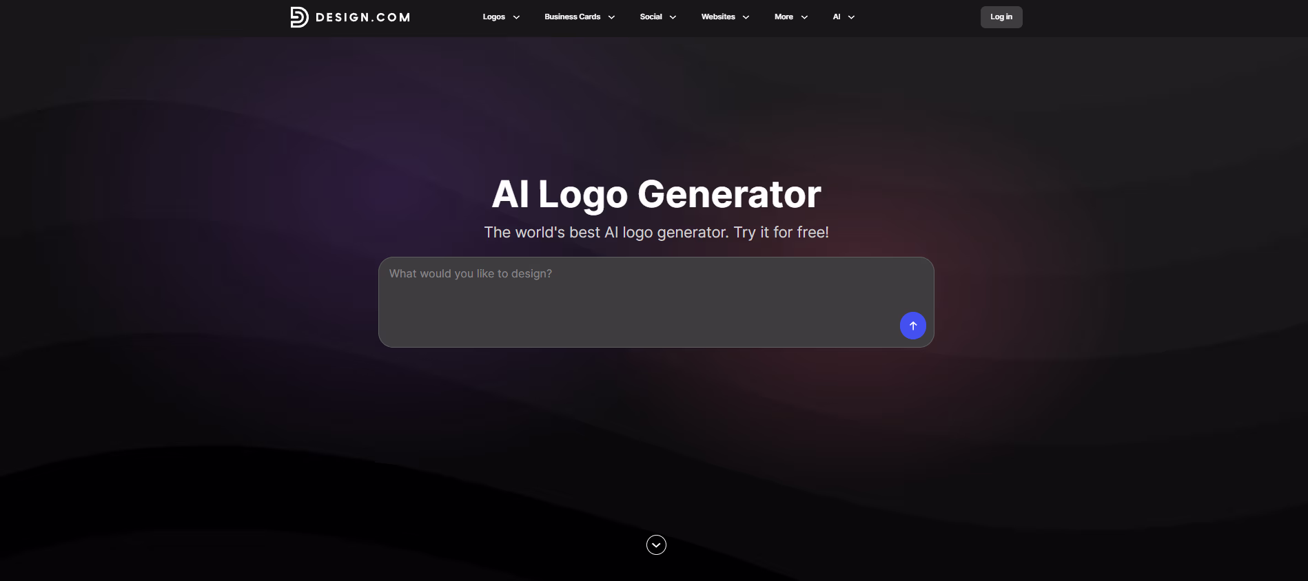 Design.com's AI Logo Generator homepage with an empty prompt field, from the Design.com vs Adobe vs Canva comparison