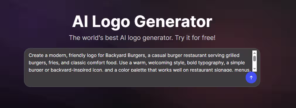 Design.com's AI Logo Generator with the Backyard Burgers business brief entered as a prompt, from the Design.com vs Adobe vs Canva comparison