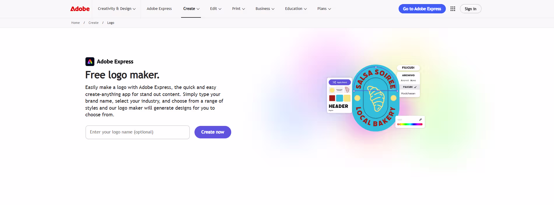 Adobe Express's free logo maker landing page showing a sample logo design, from the Design.com vs Adobe vs Canva comparison