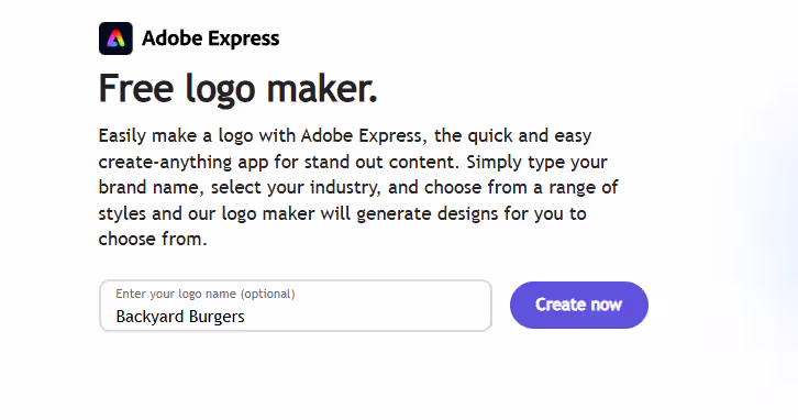 Adobe Express's free logo maker screen with "Backyard Burgers" entered as the logo name, from the Design.com vs Adobe vs Canva comparison