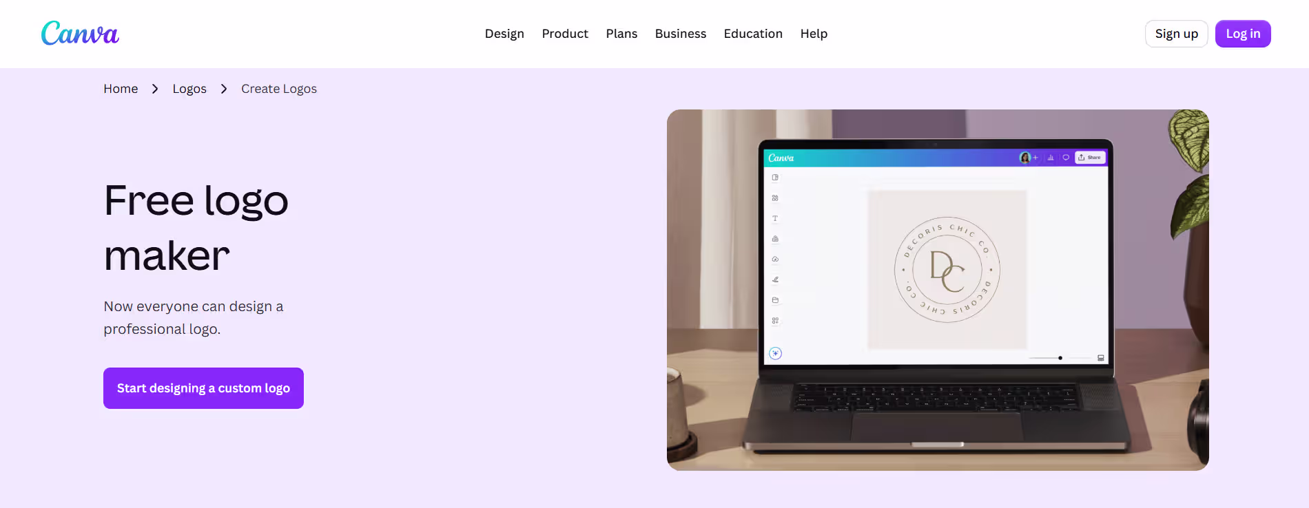 Canva's free logo maker landing page showing its Create Logos tool, from the Design.com vs Adobe vs Canva comparison