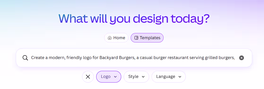 Canva's AI Logo Generator with the Backyard Burgers design brief entered as a text prompt, from the Design.com vs Adobe vs Canva comparison