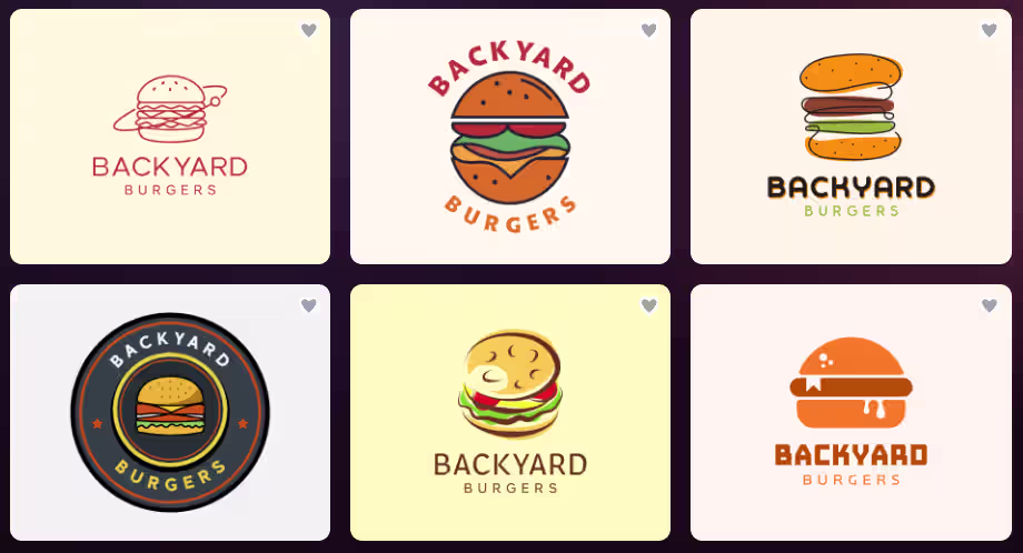 Logo concepts generated by Design.com for Backyard Burgers, showing six different typography and icon combinations, from the Design.com vs Adobe vs Canva comparison