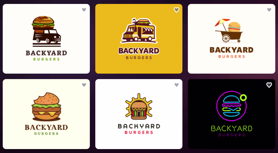 Additional logo concepts generated by Design.com for Backyard Burgers, including food truck and neon sign styles, from the Design.com vs Adobe vs Canva comparison