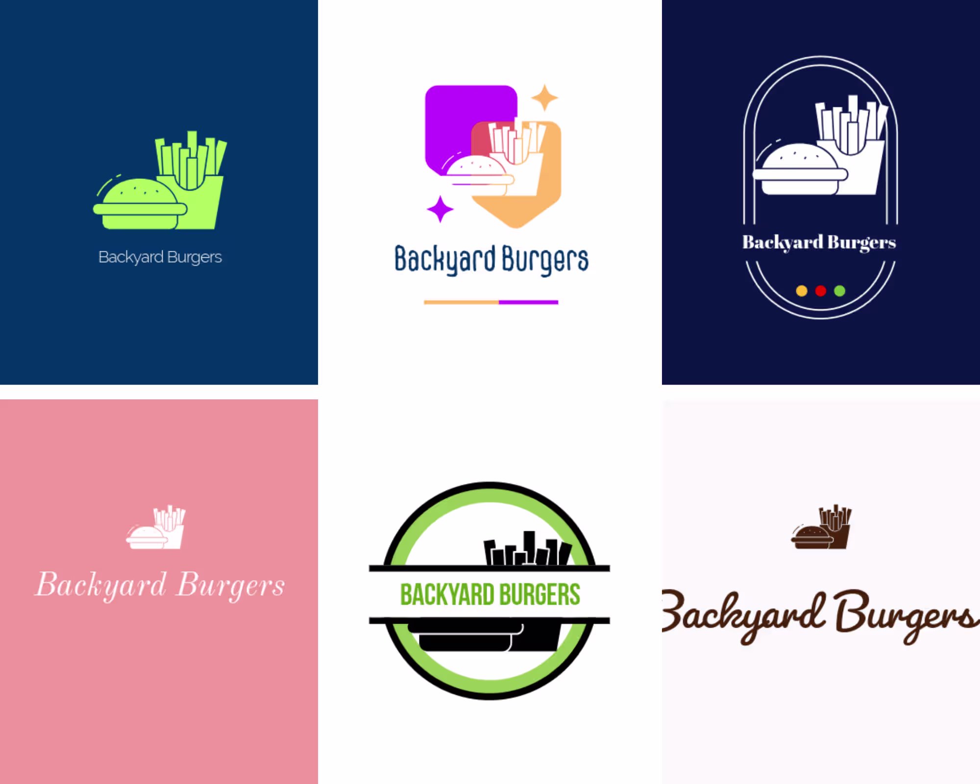 Logo concepts generated by Adobe Express for Backyard Burgers, showing six different color and layout variations, from the Design.com vs Adobe vs Canva comparison