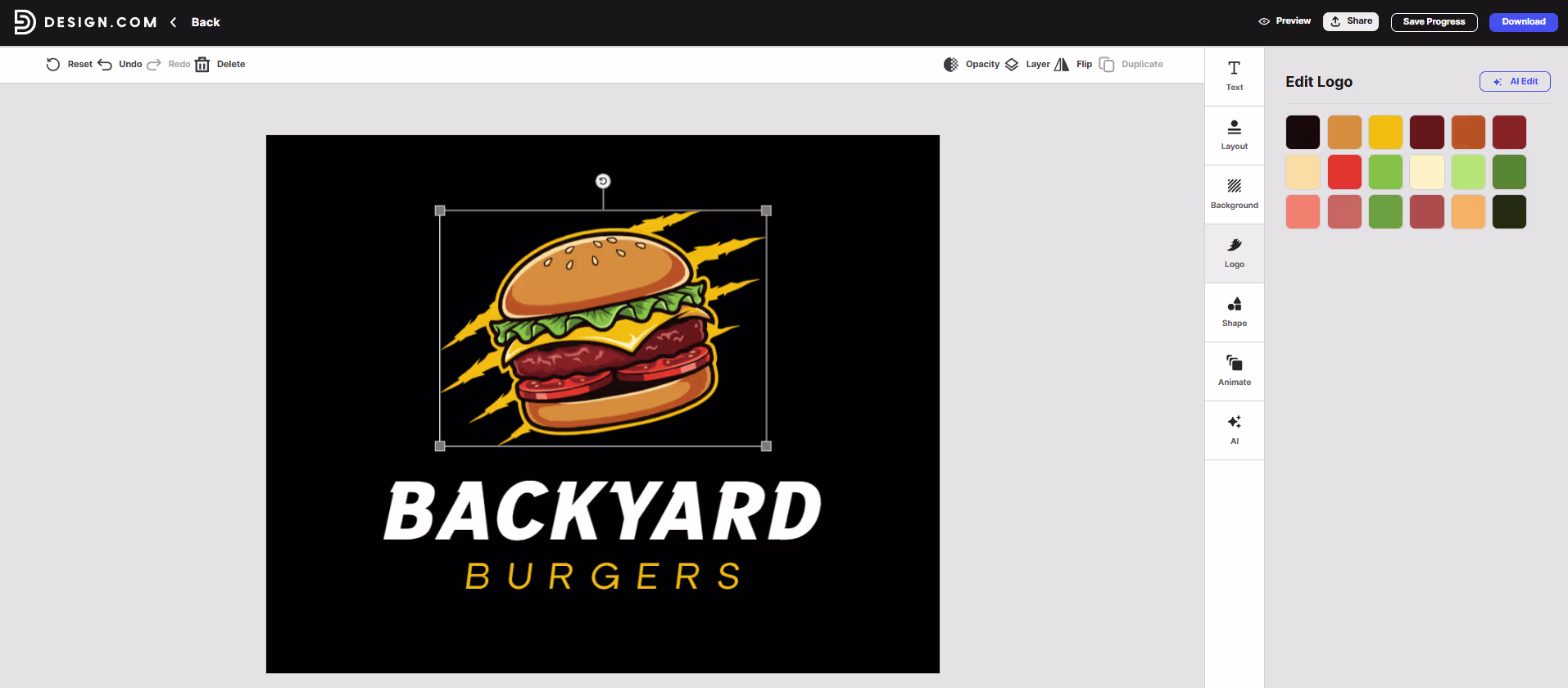 Design.com's Edit Logo panel showing icon color options for the Backyard Burgers logo, from the Design.com vs Adobe vs Canva comparison