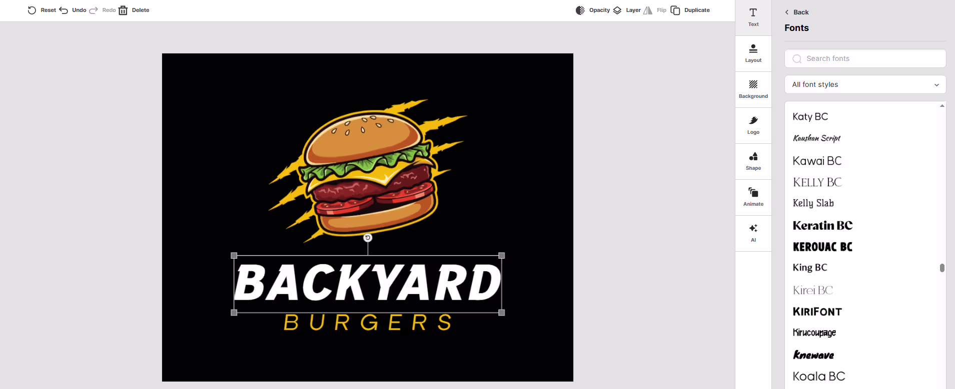 Design.com's logo editor showing the Fonts panel for customizing the Backyard Burgers logo typography, from the Design.com vs Adobe vs Canva comparison