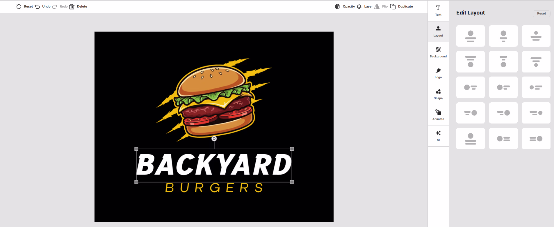 Design.com's logo editor showing the Edit Layout panel with alignment options for the Backyard Burgers logo, from the Design.com vs Adobe vs Canva comparison