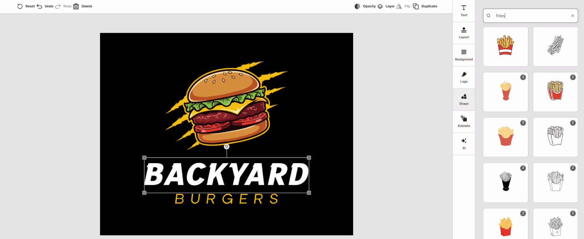 Design.com's Shape panel showing fries icon search results for customizing the Backyard Burgers logo, from the Design.com vs Adobe vs Canva comparison