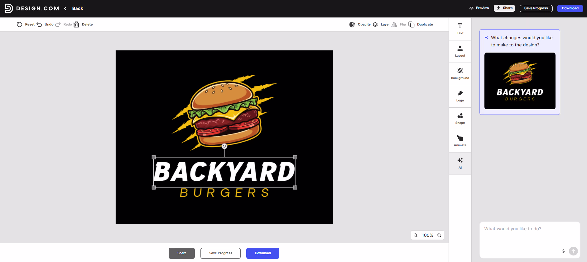 Design.com's AI chat editor asking what changes to make to the Backyard Burgers logo design, from the Design.com vs Adobe vs Canva comparison