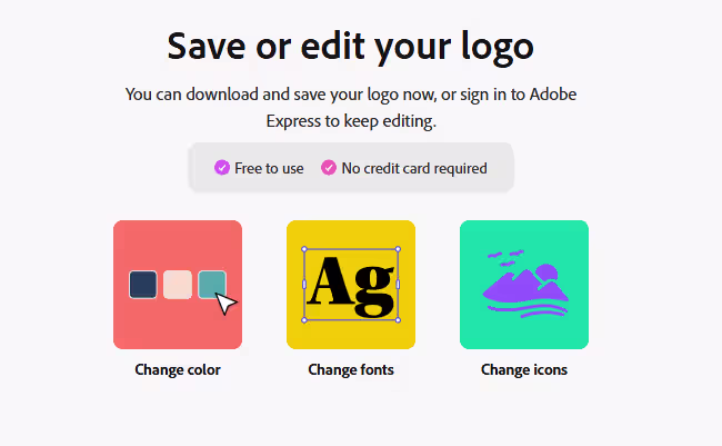 Adobe Express's "Save or edit your logo" screen showing options to change color, fonts, and icons, from the Design.com vs Adobe vs Canva comparison