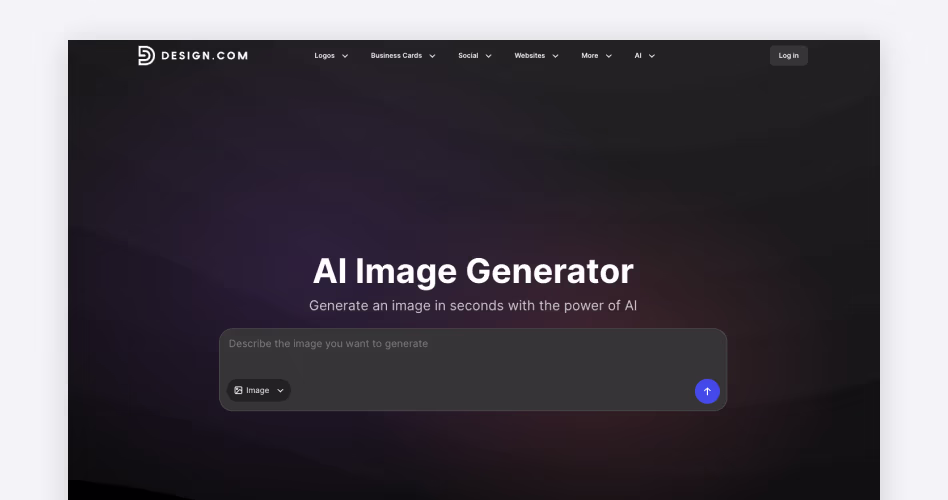 Design.com homepage showing its AI Image Generator for creating an image in seconds from a text prompt, featured in the best AI image generators guide