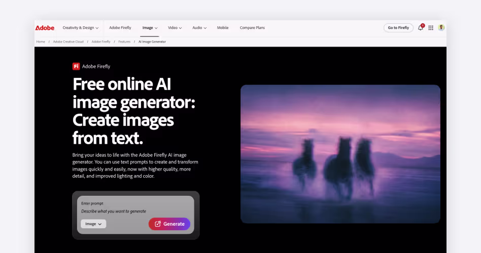 Adobe Firefly homepage showing its free online AI image generator for creating images from text prompts, featured in the best AI image generators guide
