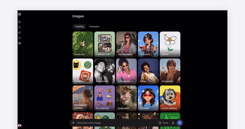 ChatGPT's Images panel showing trending AI image styles like caricature, anime, and 3D avatar, featured in the best AI image generators guide